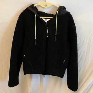 JoyLab: NWT Black Sherpa Fleece Quilted Hooded Jacket- Neon Green Accents